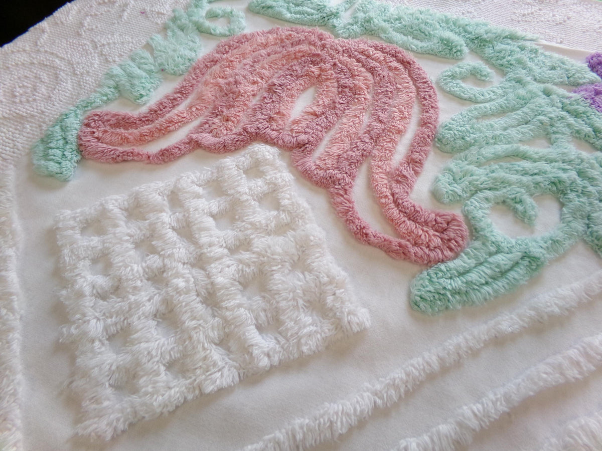 Pink Tulip Vintage Chenille Fabric, Cottage Style 23x20" Craft Textile
