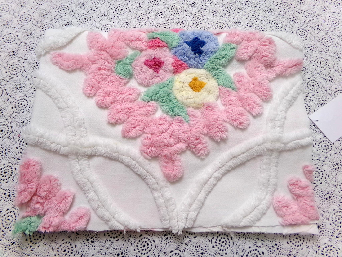 Vintage Chenille Fabric Piece, Pink Frosting Floral Cottage Chic Sewing Material 18x30"