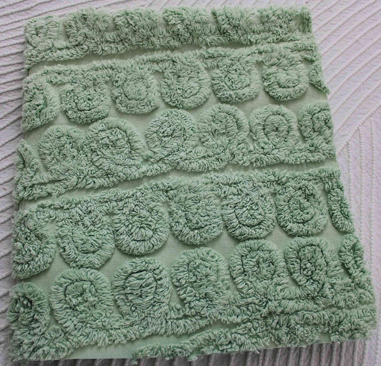 Mint Green Ice Cream Vintage Chenille Fabric Plush 21" x 24" inch piece in curlicue swirl pattern