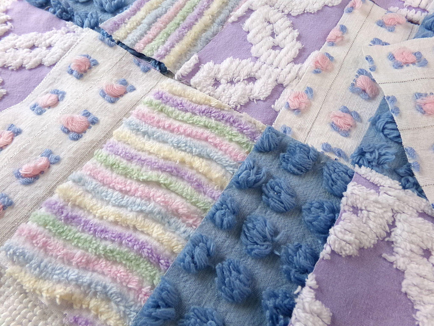 moonlit rainbow chenille fabric squares, set of 16 vintage quilt blocks 6" inches ea, dreamy serene blue, pink rosebuds, soft lilac