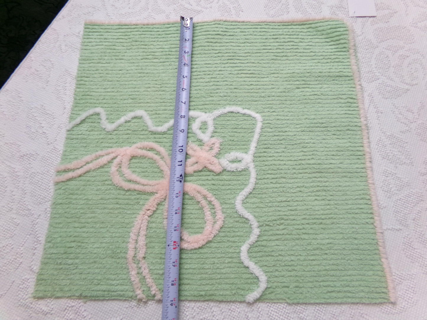 Peaceful Mint Green Vintage Chenille Fabric Pink Bow Star Lily, 19" x 18"