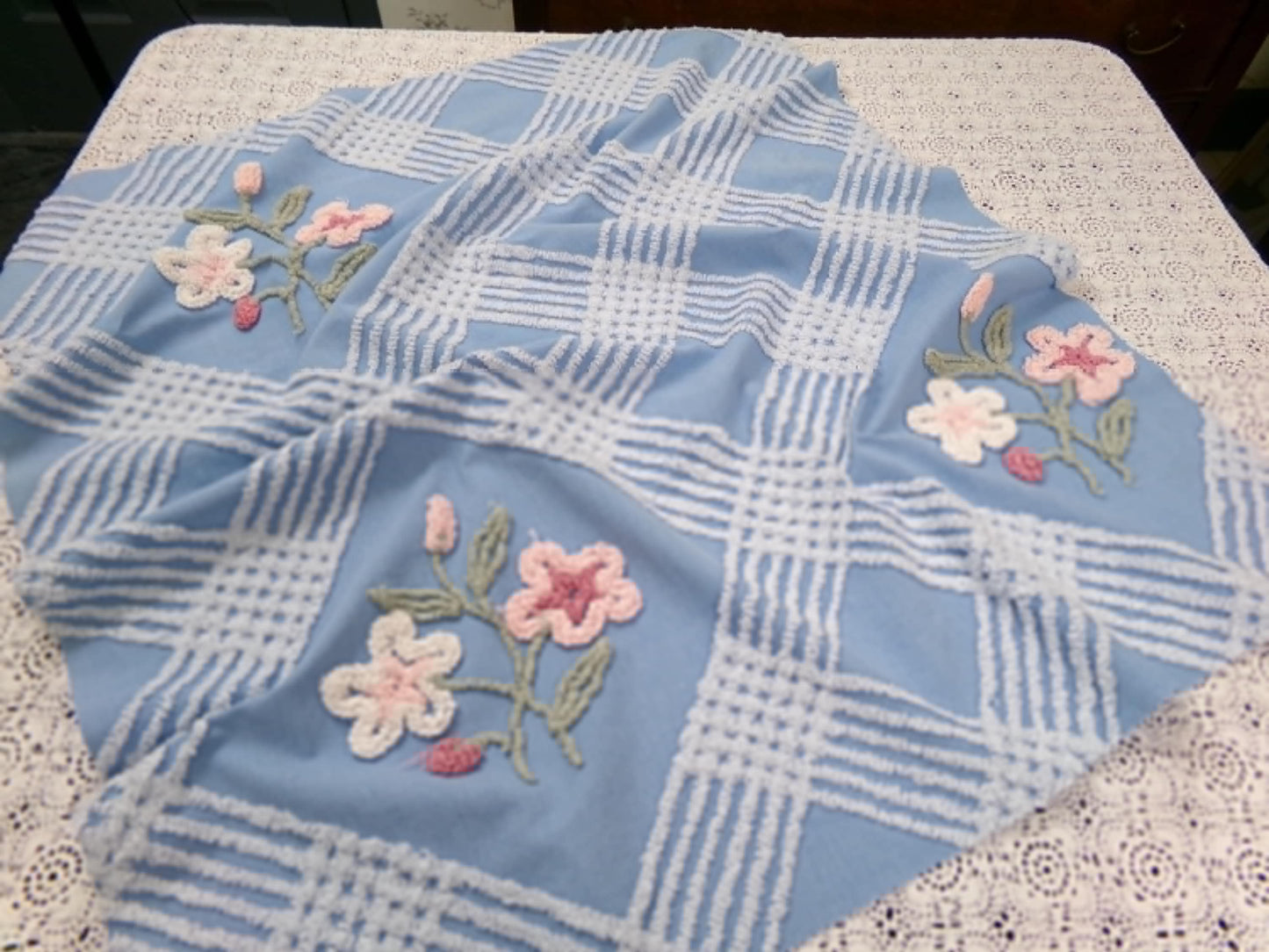 Coastal Floral Vintage Chenille Bedspread Fabric Blue & White 25 x 27" Piece