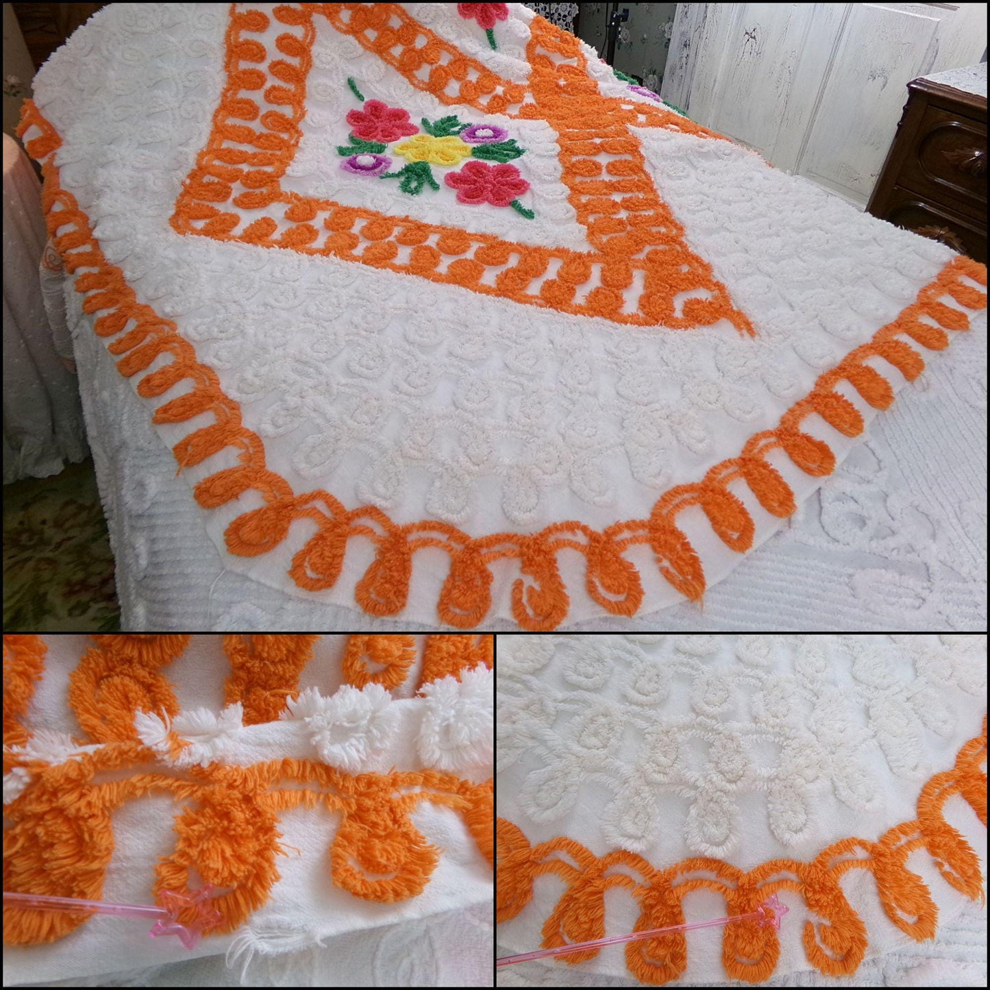 diamond citrus vintage chenille bedspread, plush large floral design in colorful orange & white, full size cotton bedding