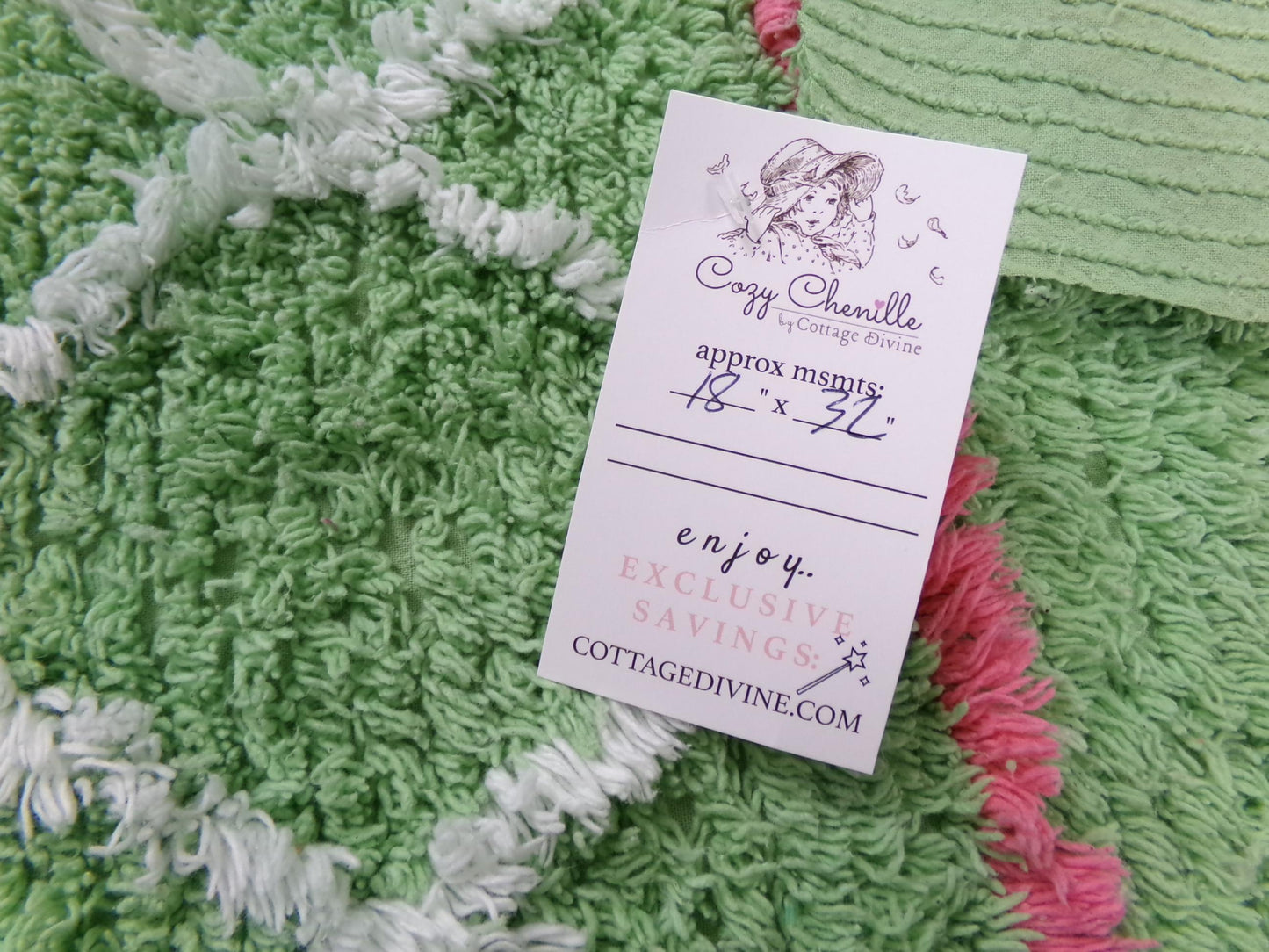 vintage apple green chenille fabric, plush terrytuft geometric design, 18" x 32" piece