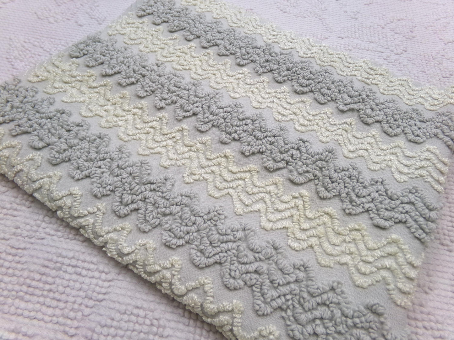 modern grey & white vintage chenille fabric, textured zig zag design, 21" x 18" unique piece of quilt material