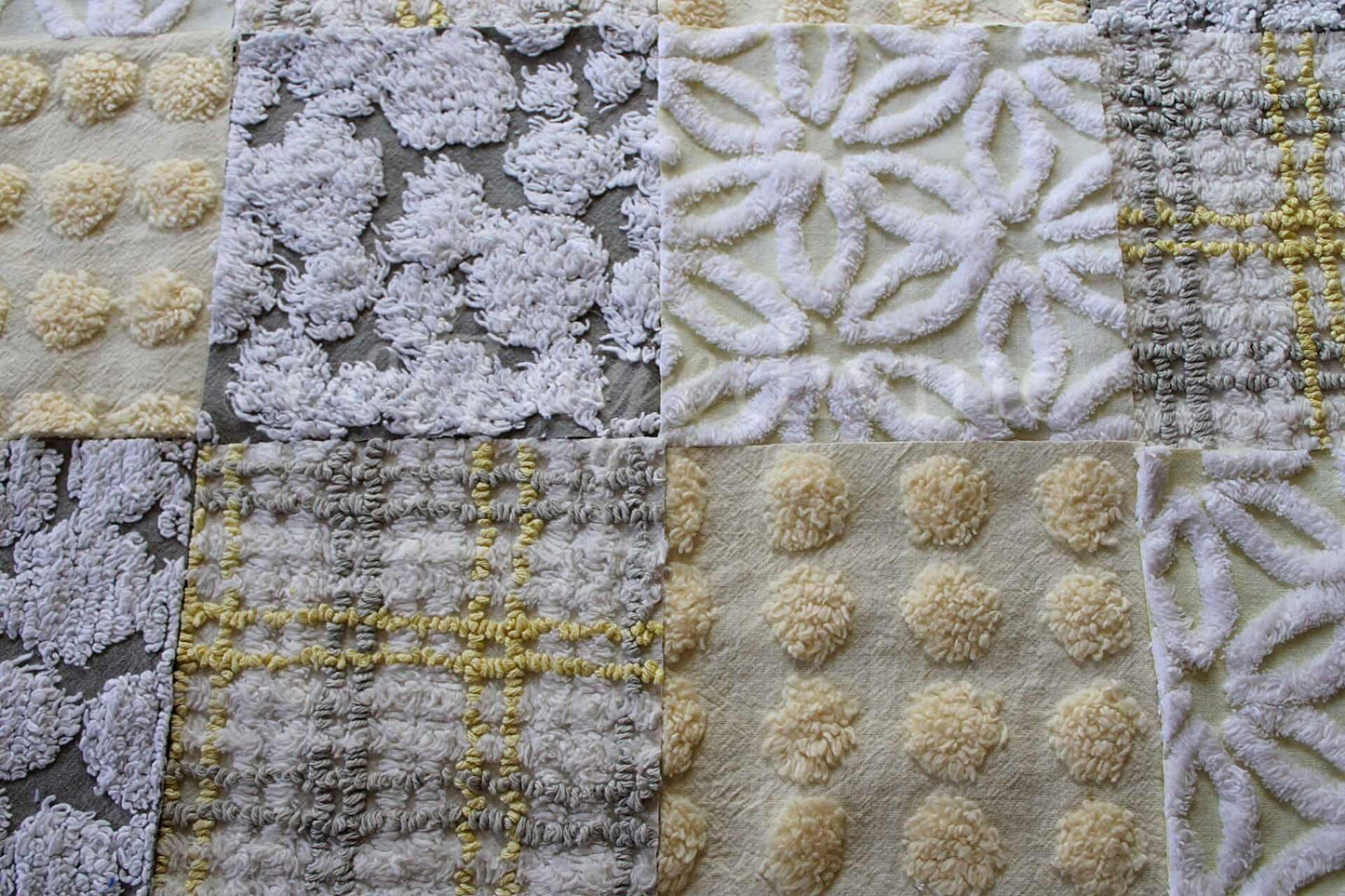 vintage chenille quilt squares, sunshine through clouds, set of 16 grey, white & yellow 6" geometric quilt blocks