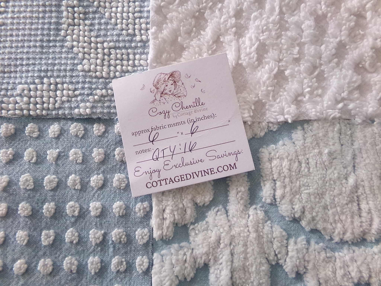 coastal chill chenille fabric squares, cool blue & white dot, diamond geometric patterns, set of 16 vintage quilt blocks 6" each for sewing