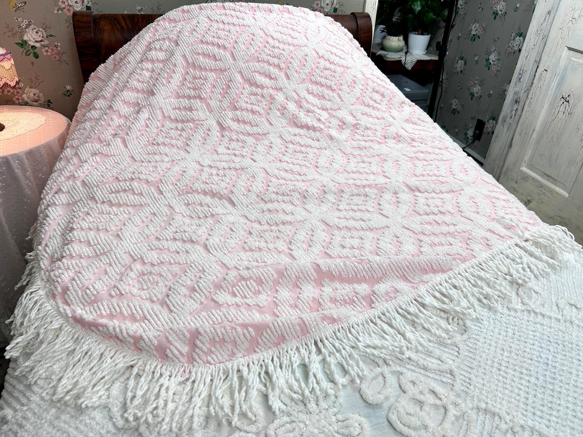 Vintage White & Pink Chenille Bedspread, Twin Size Coverlet, Accent Fringe