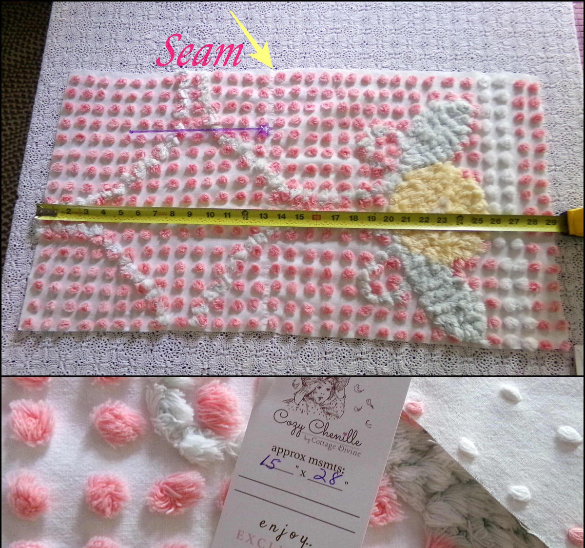 Pink Pops Vintage Chenille Fabric, Floral Antique 15x28" Craft Panel