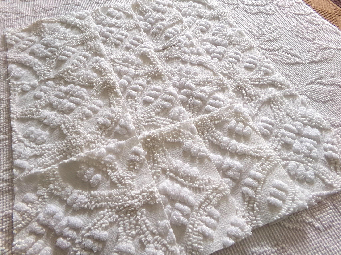 heirloom quality chenille fabric squares, set of 12 vintage 6" quilt blocks in elegant antique cream tufted geometric design
