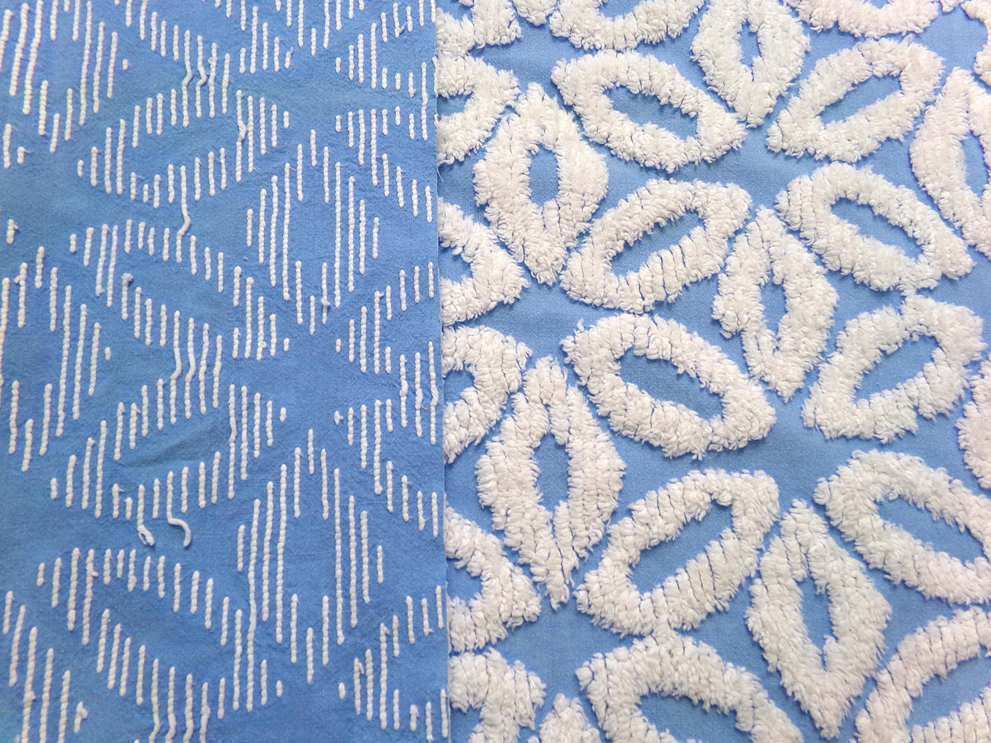 boho blue daisy vintage chenille bedspread fabric, white tufted daisies, 18" x 23"
