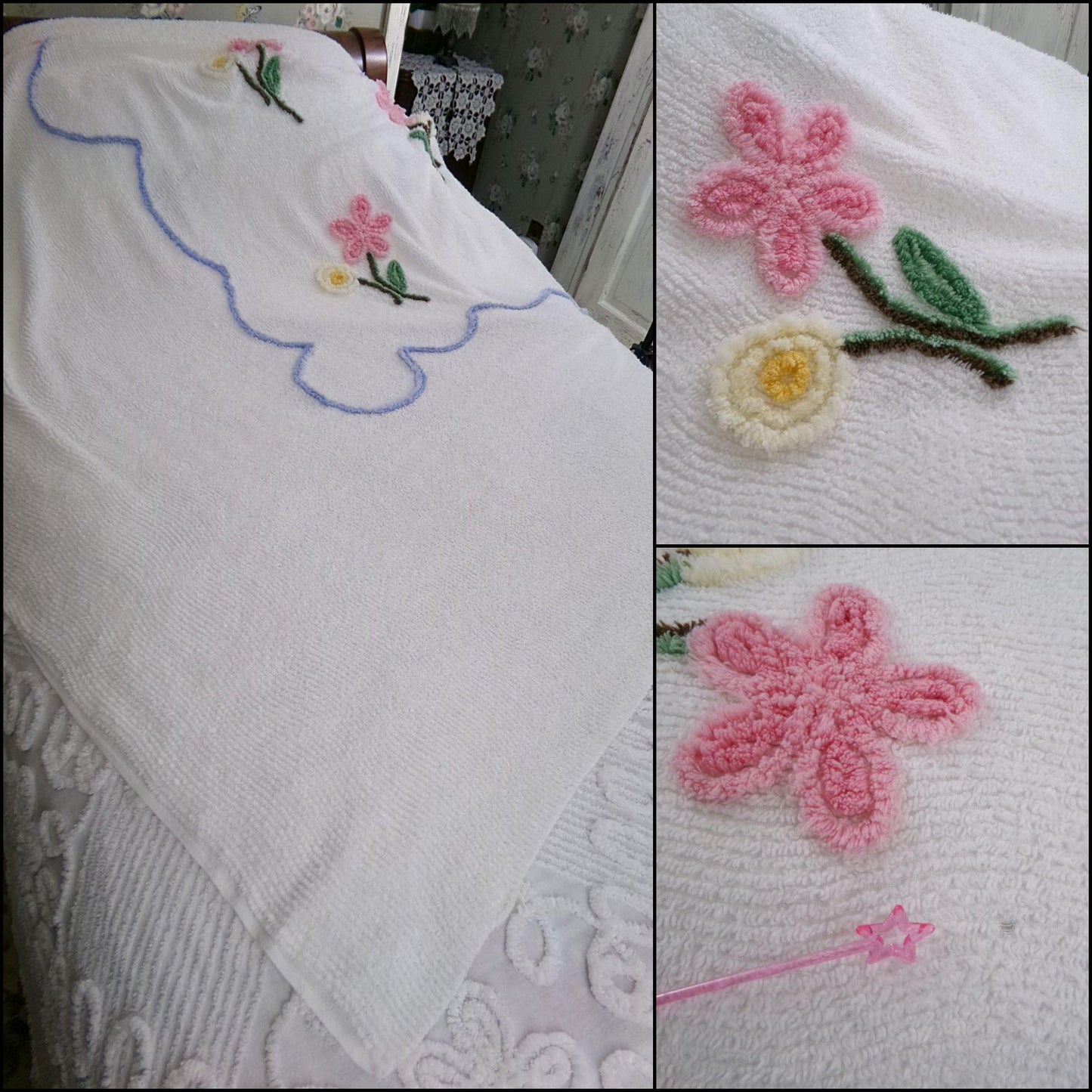 flower shower vintage chenille bedspread, pink daisies on white full size cotton coverlet, lightweight summer bedding, great for layering