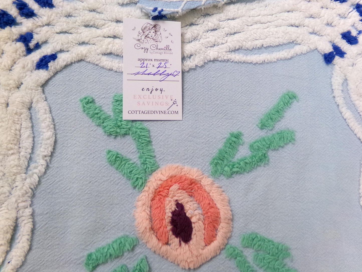 Vintage Blue Floral Chenille Bedspread Fabric, coastal chic sewing material, 21" x 25"