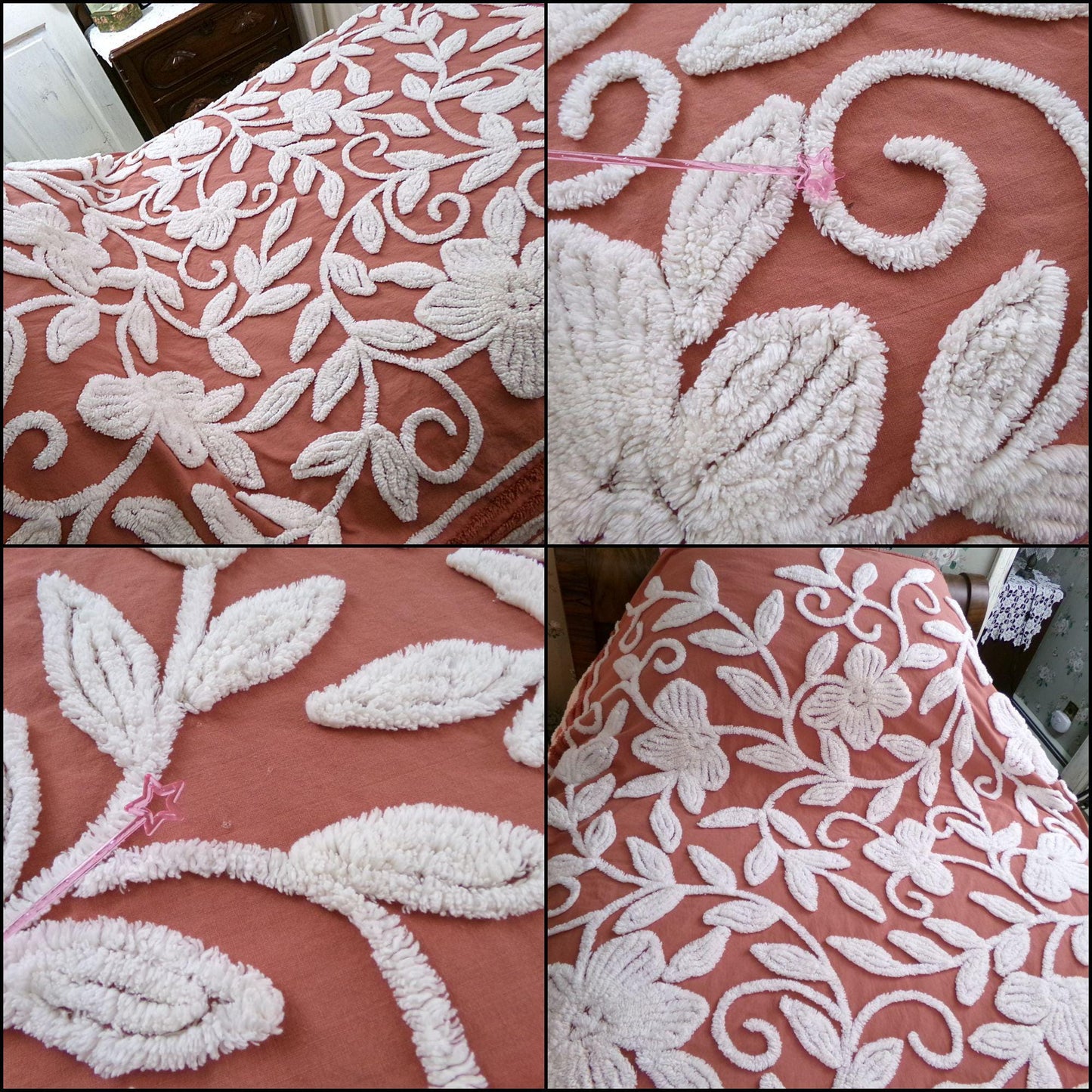 boho floral chenille bedspread, white climbing showy flowers on rusty terracotta vintage hippie 1970s style bedding