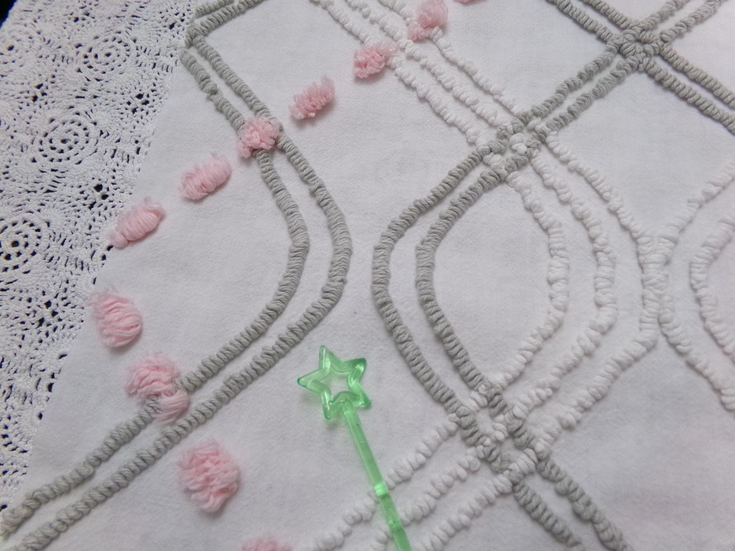 Romantic Rose Vintage Chenille Bedspread Fabric Dove Grey, Pink White Quilt Material 16" x 24"
