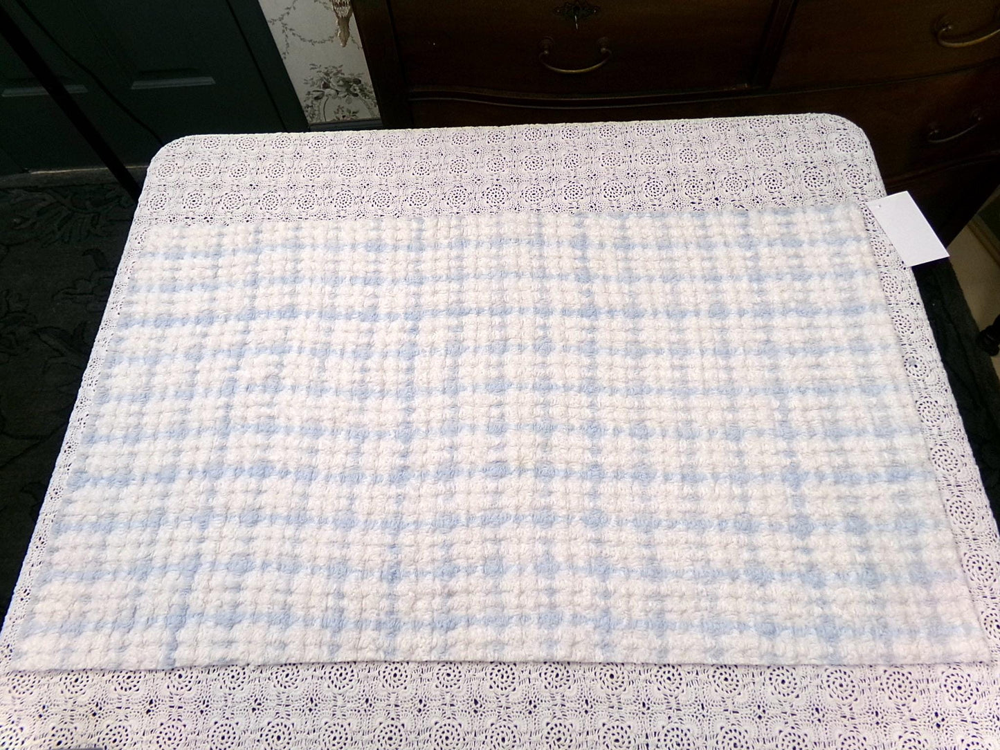 blue & white check vintage chenille fabric, cottage plaid 17x30" pc