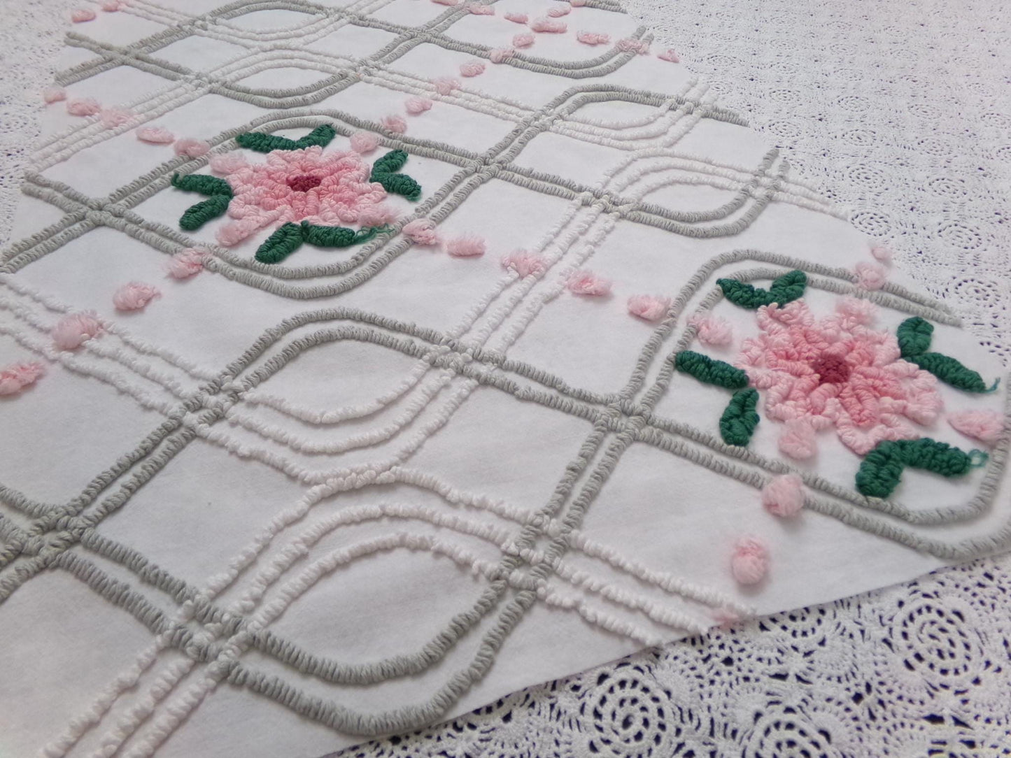 Dove Grey Pink Rose Vintage Chenille Bedspread Fabric Quilt Sewing Material 15" x 24"