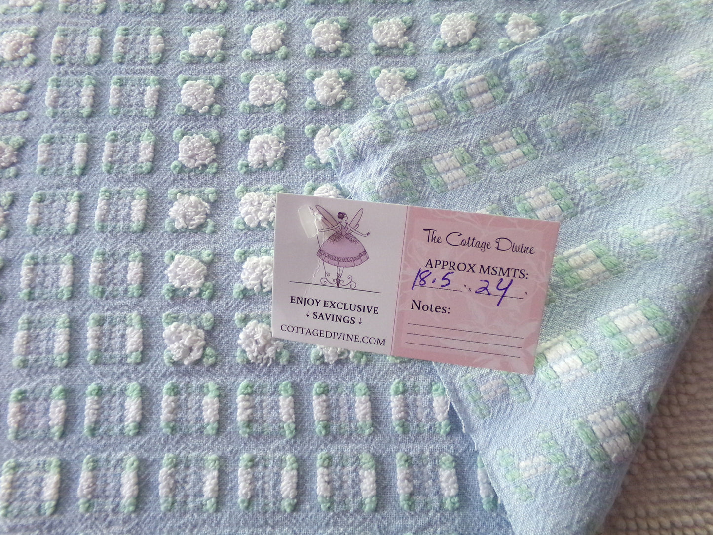 White Rosebud Vintage Chenille FABRIC, Phantom Morgan Jones Blue Terrace Roses, 24" x 18.5" inch Piece, Beautiful in Quilts