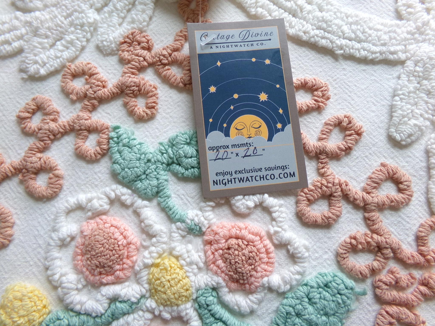 vintage chenille bedspread fabric, natural boho floral 20" x 20" piece sewing material