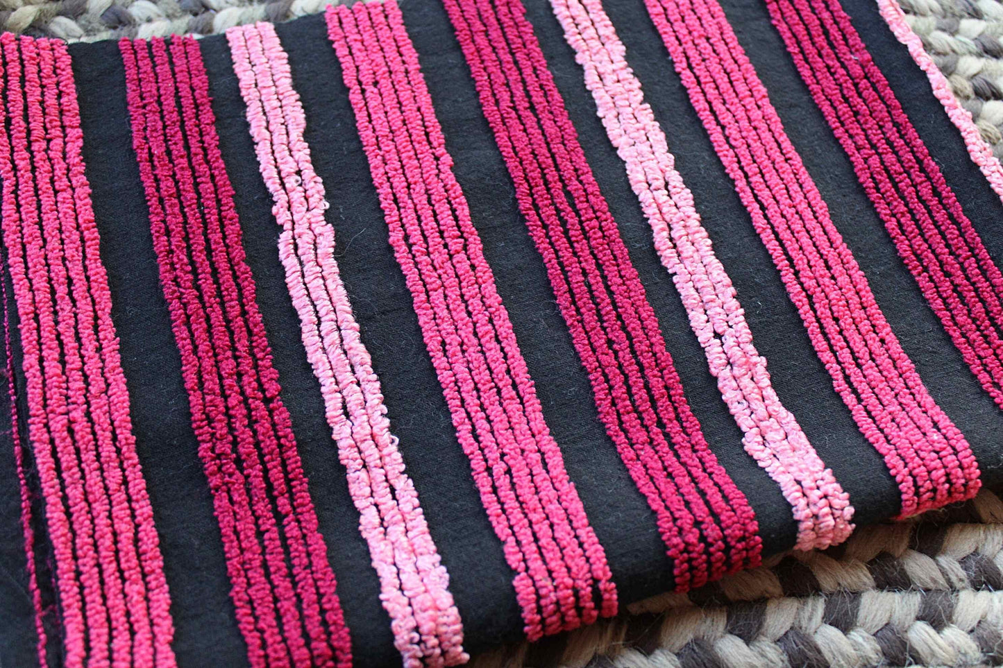 Pink on Black Stripes Vintage Chenille Fabric in Multisize Striped Pattern, 20" x 24" Piece, Shabby Chic Lightweight Cotton