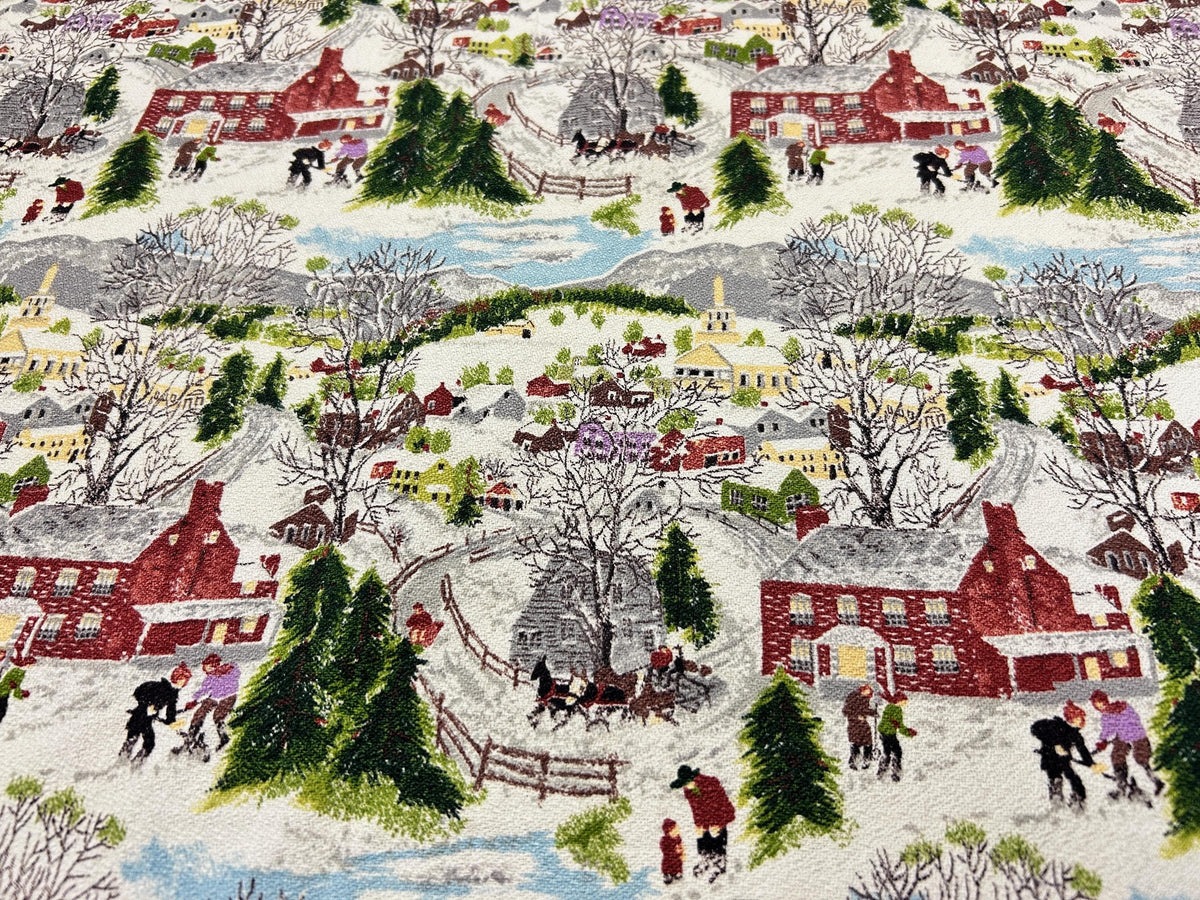 Grandma Moses DEEP SNOW Vintage Barkcloth Fabric, Folk Art Winter Scene 20x21"