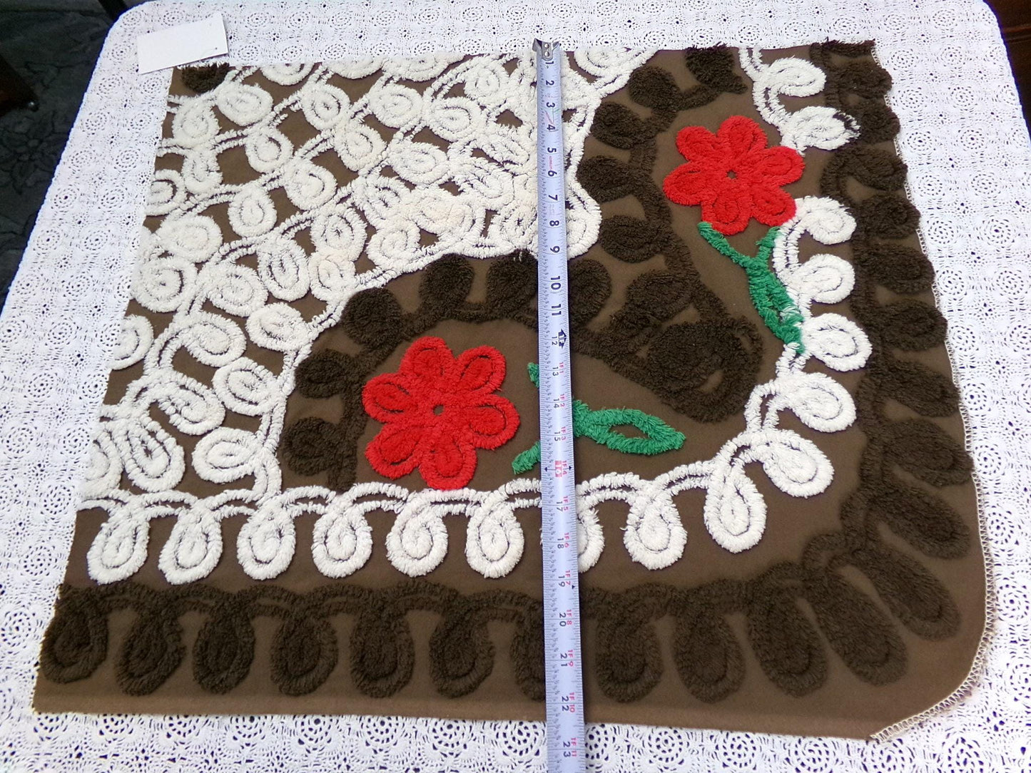 Rich Chocolate Vintage Chenille Bedspread Fabric Cherry Red Flowers 20x24"