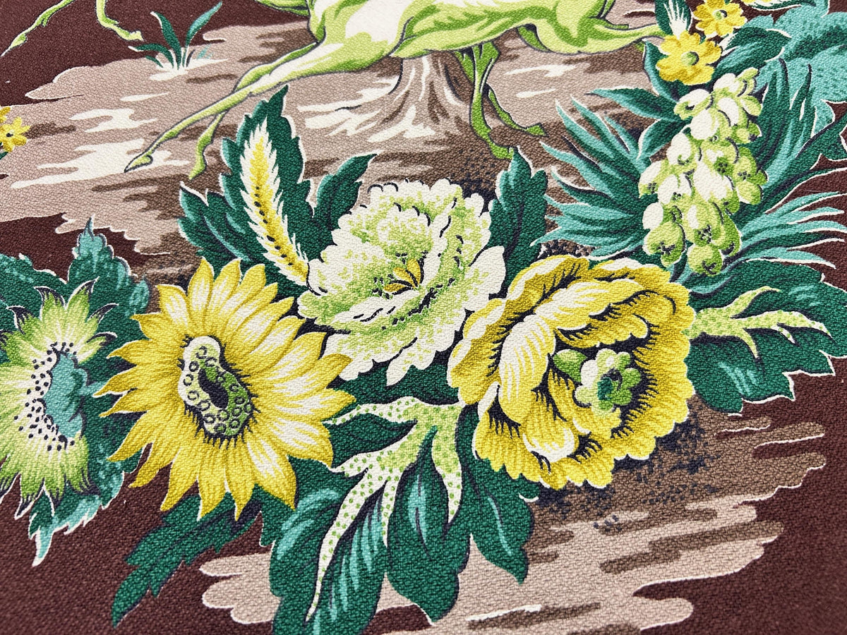 Vintage Barkcloth Fabric – Leaping Gazelles & Flowers, Brown, 20.5 x 19 in Cut Piece