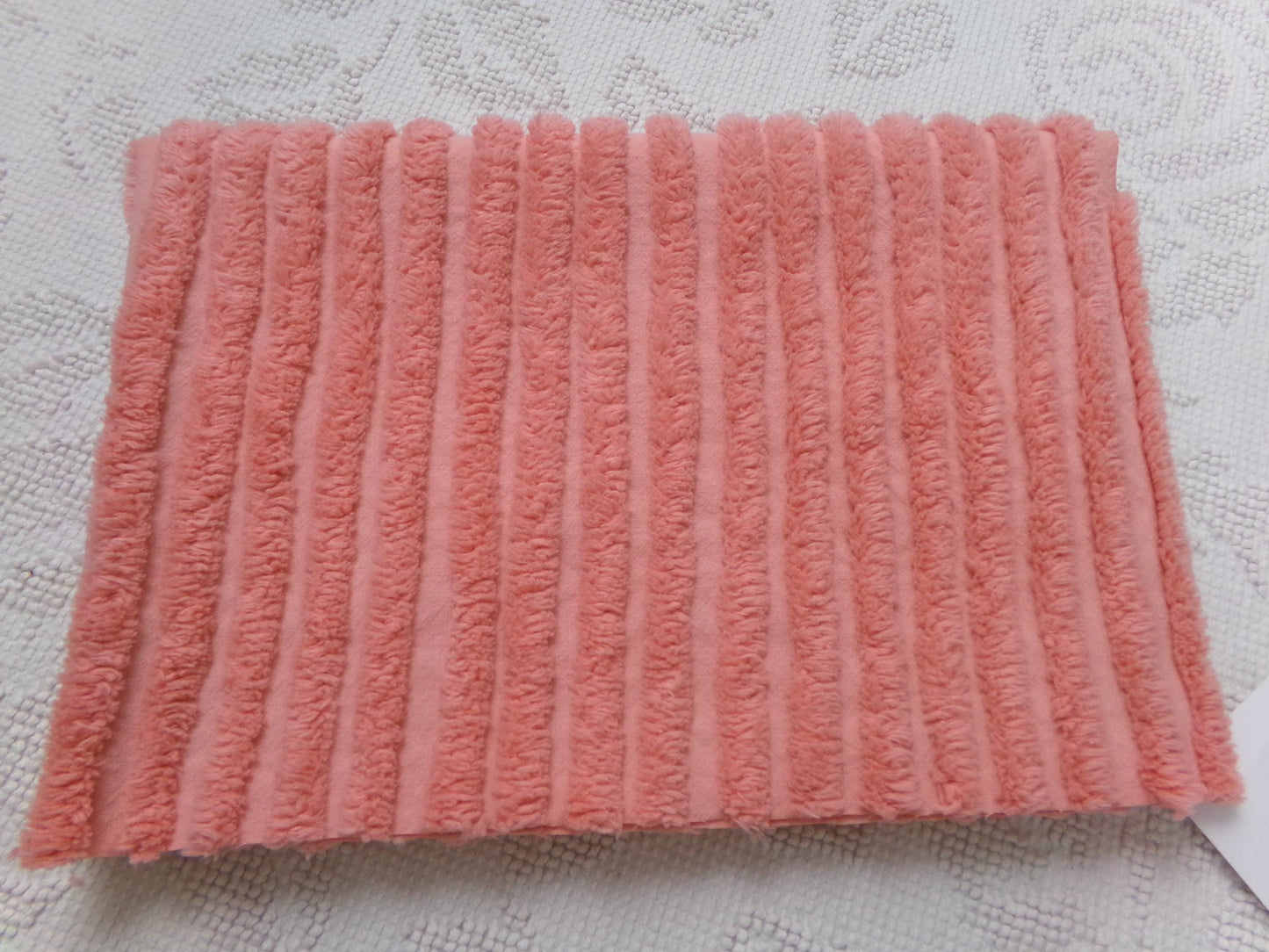 Melon Striped Vintage Chenille Bedspread Fabric, Tufted Peach Stripes, 17" x 24"