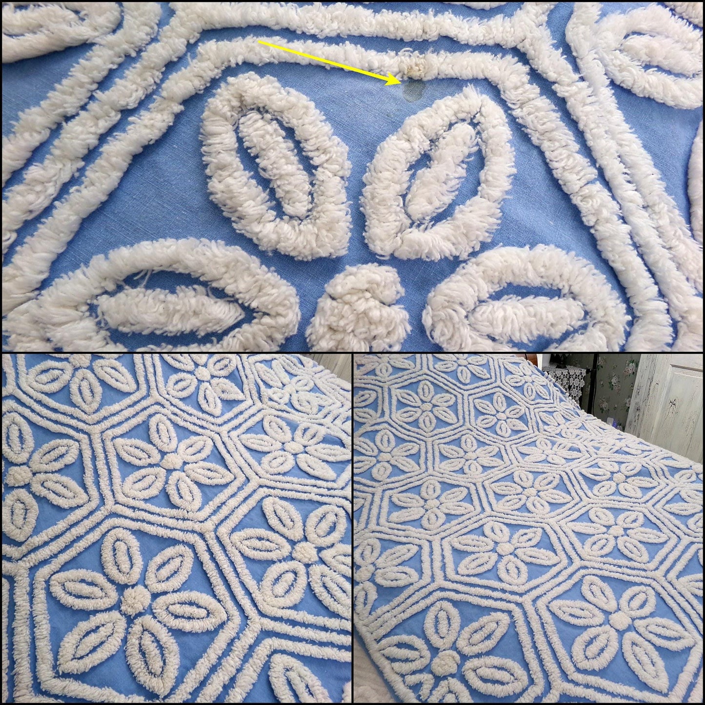 coastal blue vintage chenille bedspread, white daisies on sky blue, summer cottage full size cotton bedding