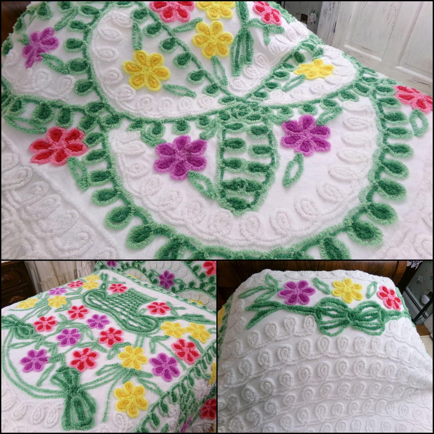 vintage green & white chenille bedspread, tumbling flowers in a big basket, midcentury cottage full size summer cotton bedding