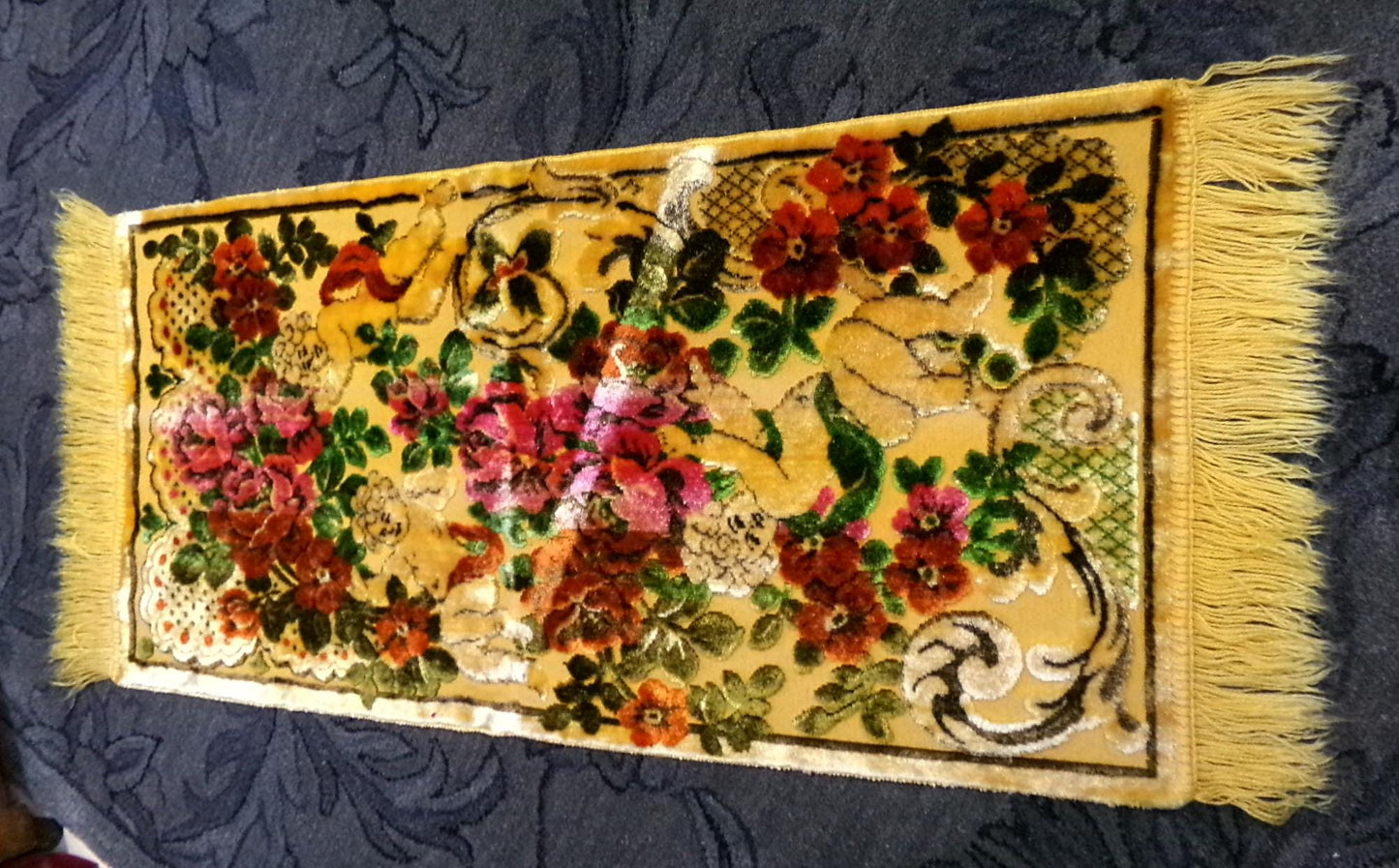 Vintage Cut Velvet Spotlight Shadow Angel Floral Tapestry Panel Fringed Cherub Wall Hanging or Rug 19"x38.5"