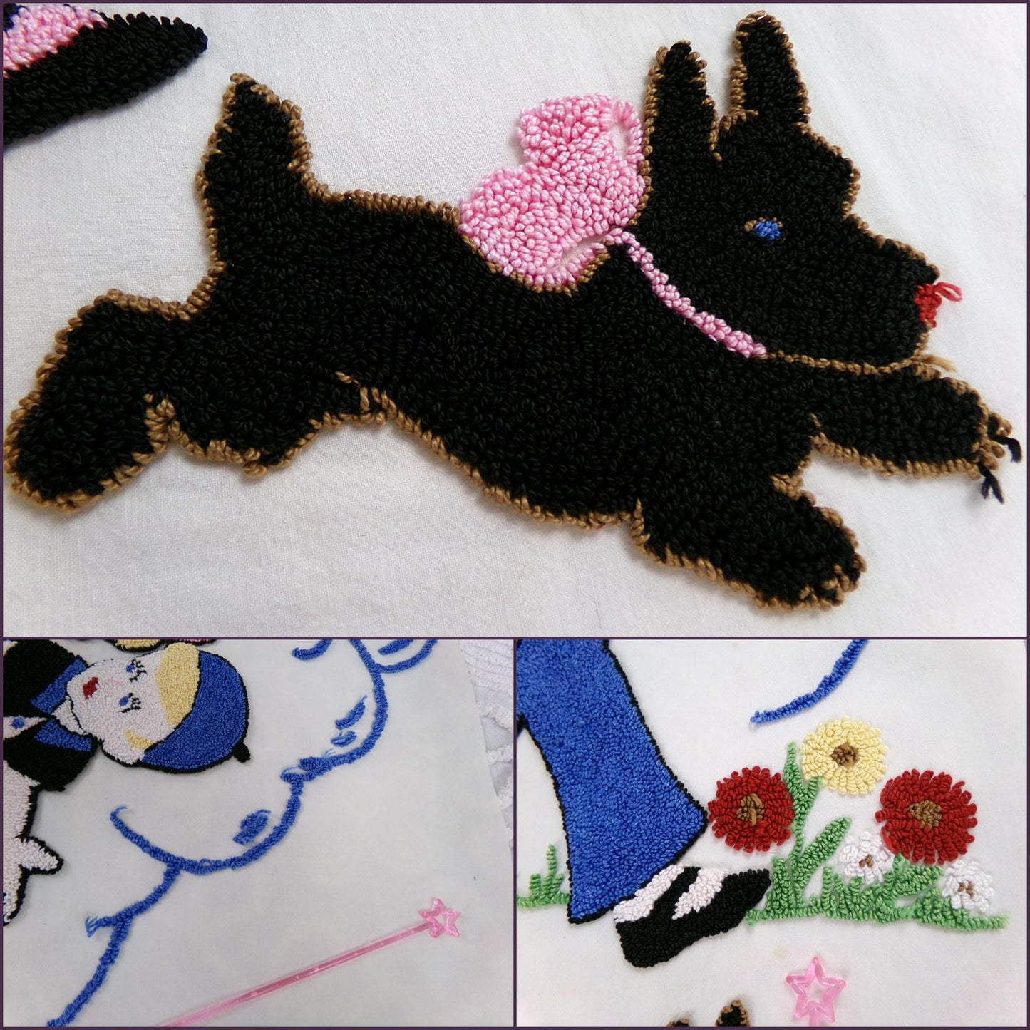 whimsical vintage chenille fabric panel: jack & jill storybook cute kids w/ scotty dog, 22" x 26" piece