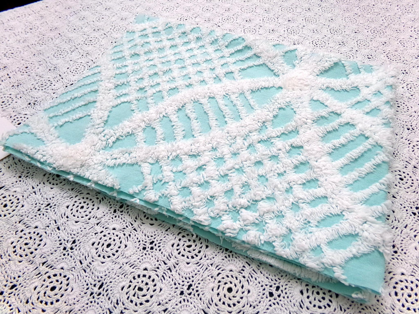 Aqua White Vintage Chenille Fabric 20x24" Geometric Quilt Material