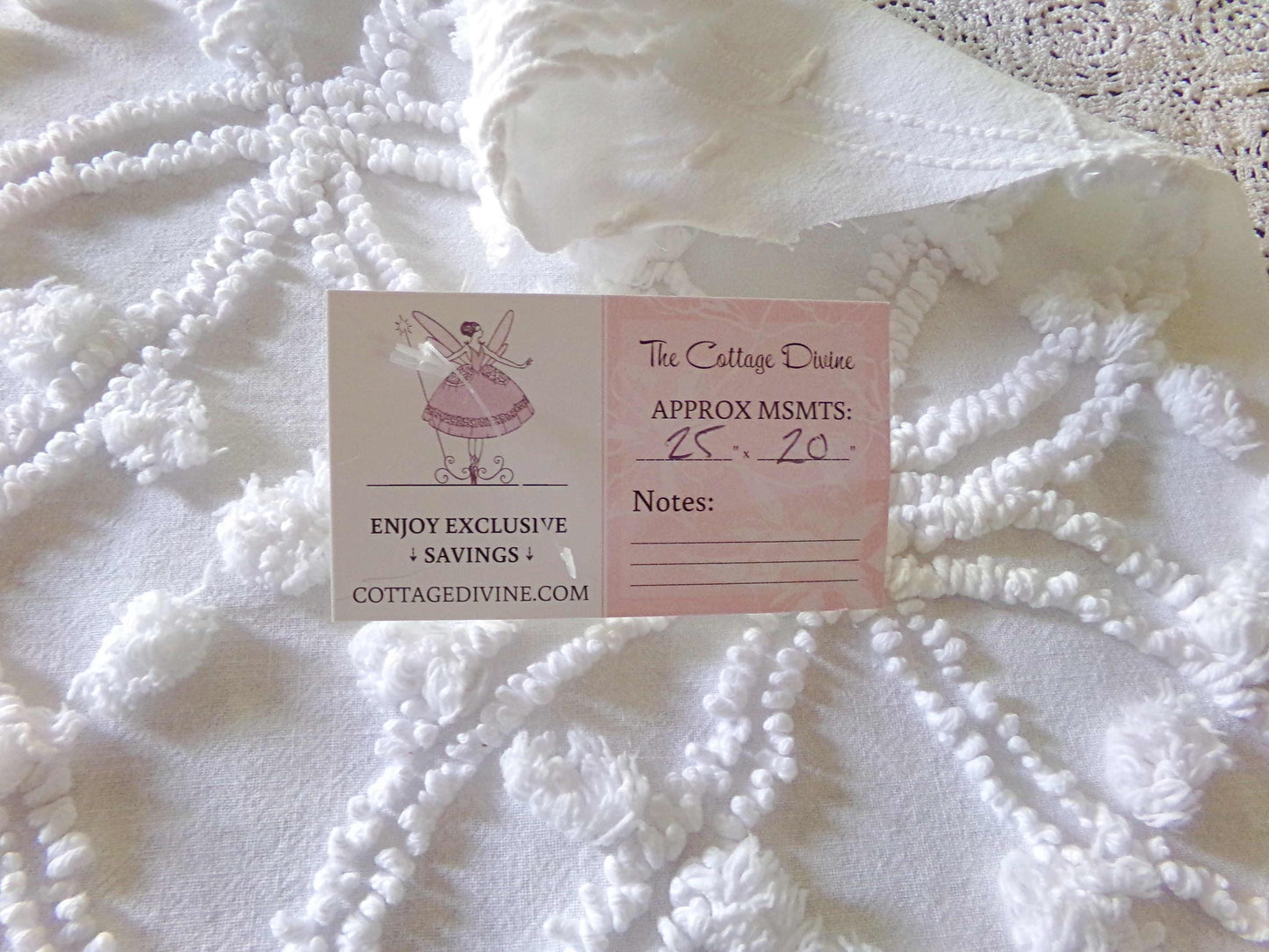 Classic White Vintage Chenille Fabric in Wedding Ring Pops Design, 20" x 25" Inch Piece, Versatile in Pillows, Quilts & Crafts