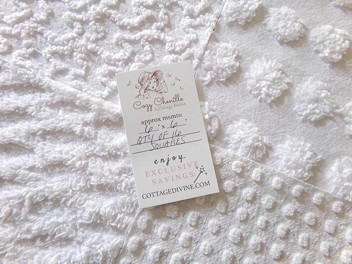 Silent Snowfall Vintage Chenille Fabric Squares, Set of 16 White 6" Cotton Chenille Quilt Blocks for crafting, sewing