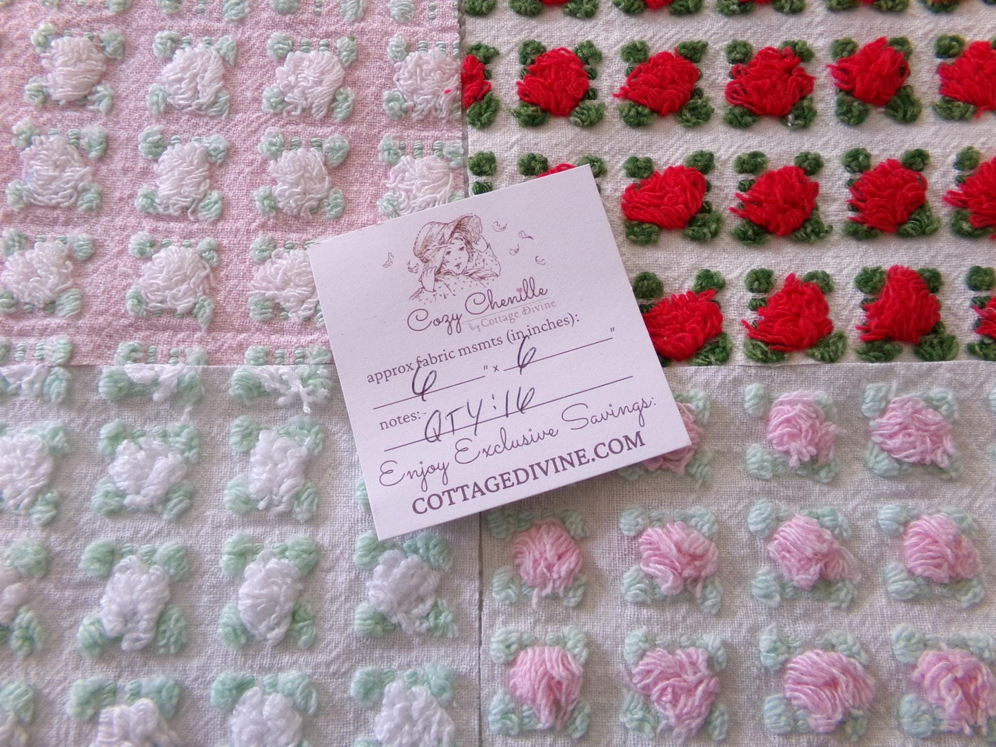 romantic rosebuds vintage chenille fabric squares, gorgeous medley of pink, red, white roses, set of 16 quilt blocks, 6" x 6" inch
