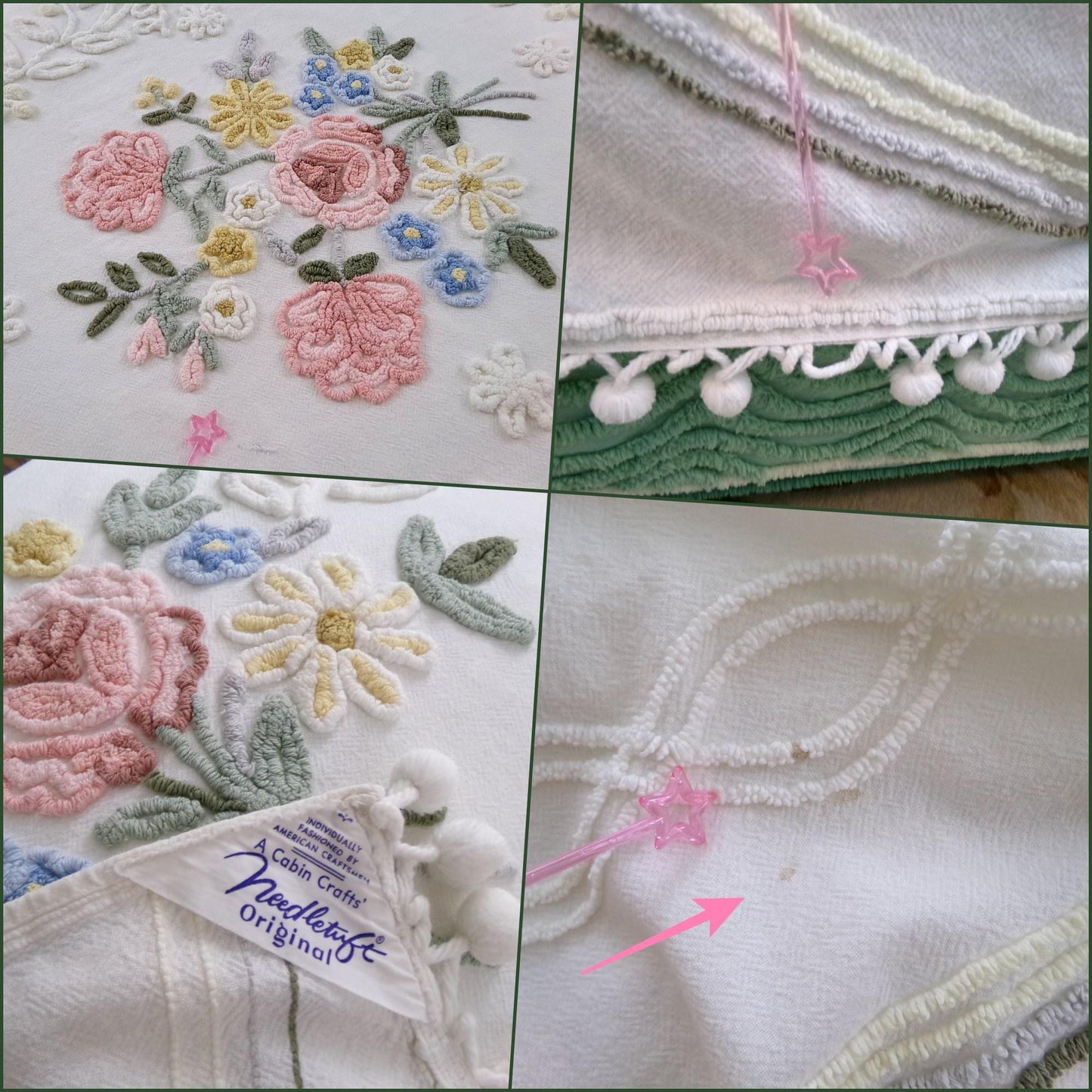 so sweet shabby chic vintage chenille bedspread in summer rose florals, TWIN size chenille coverlet with lots of flowers, pom pom trim