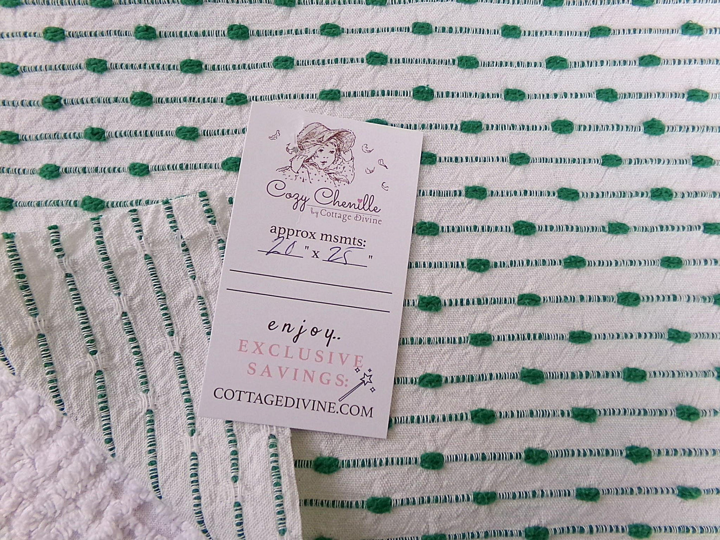vtg preppy fabric chenille raindrop dots green & white 20x25" piece