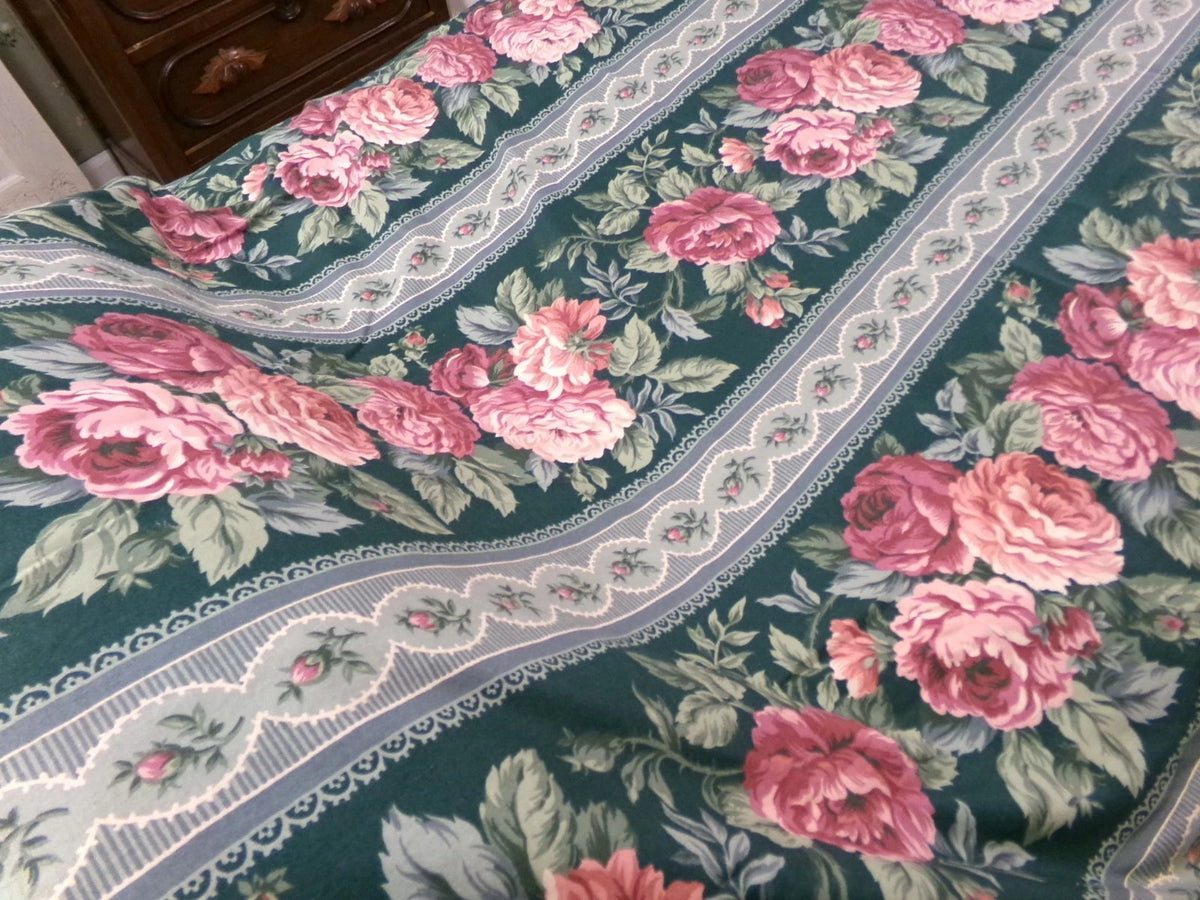 Vintage Rose Curtain Drapery Panel, Deep Green Lined SINGLE Window Drape 82"L