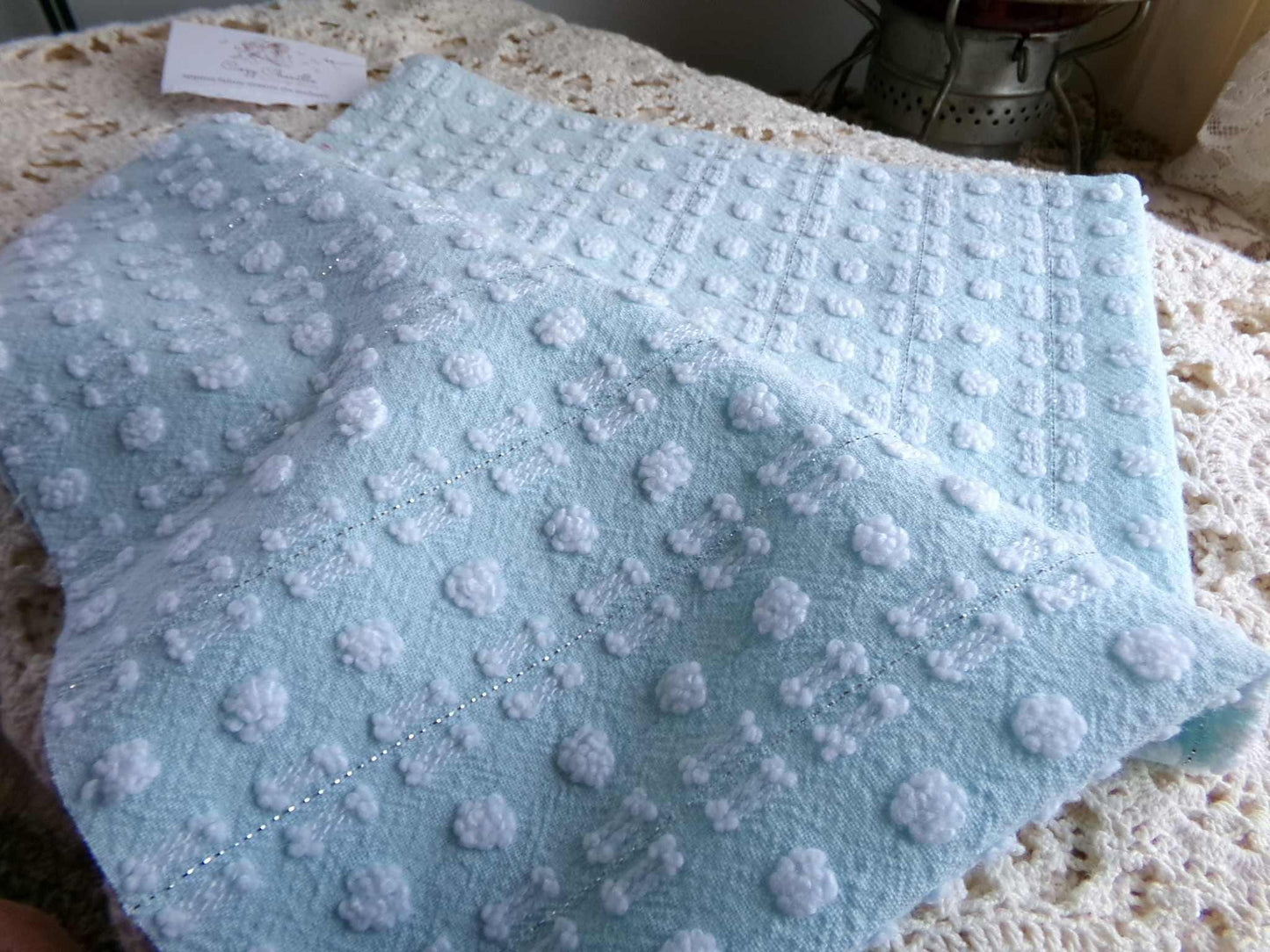 Aqua White Vintage Chenille Quilt Fabric, Petite Double Dash Dot, Silver Lurex, 19x22"