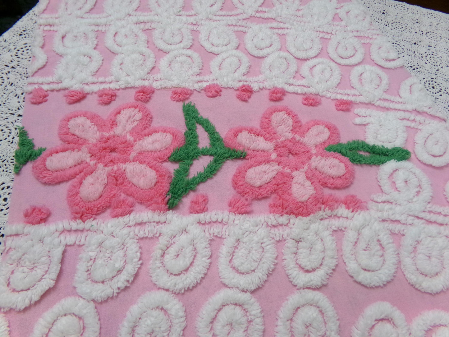 Peeking Pink Flowers Vintage Chenille Bedspread Fabric, 15" x 26" piece