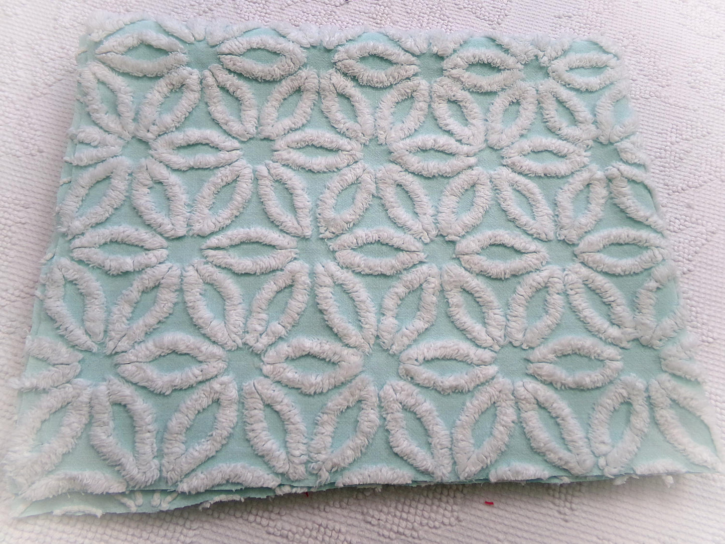 aqua & white daisy vintage chenille fabric, 20" x 24" piece of cottage style sewing quilt material