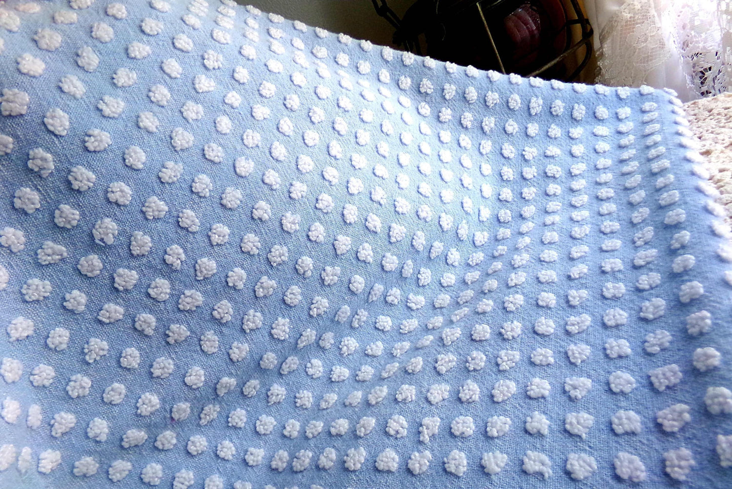 Vintage Chenille Bedspread Fabric Bubble White Pops Sky Blue 18x24" Quilt Material