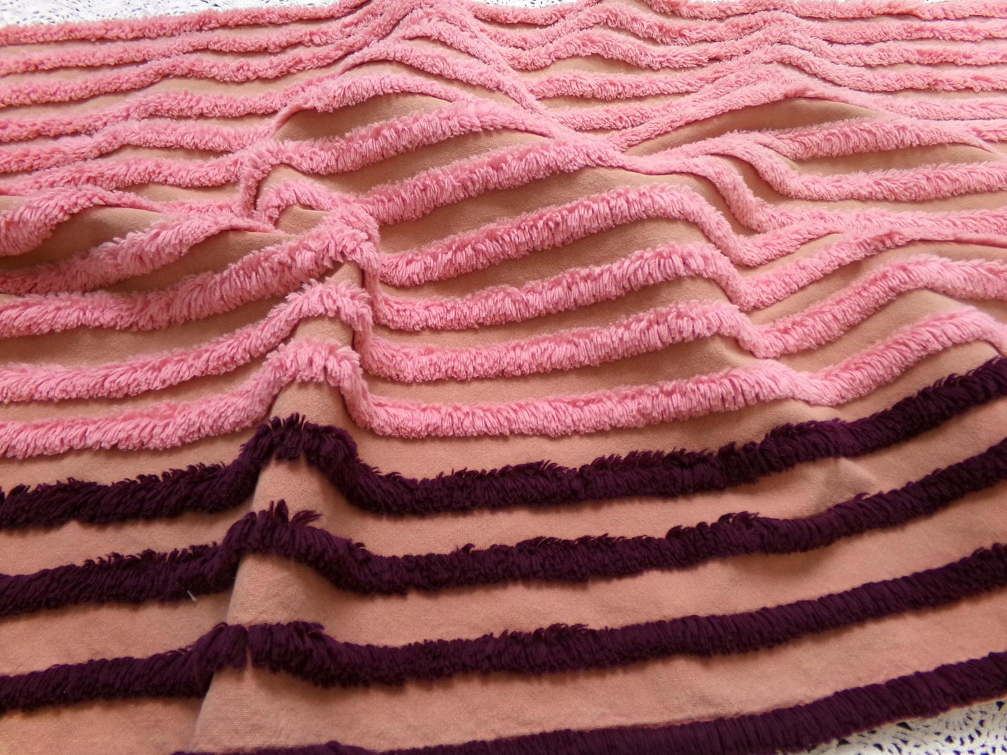 Transitional Stripe Vintage Chenille Bedspread Fabric 15x24" Unique Plush Sewing Material