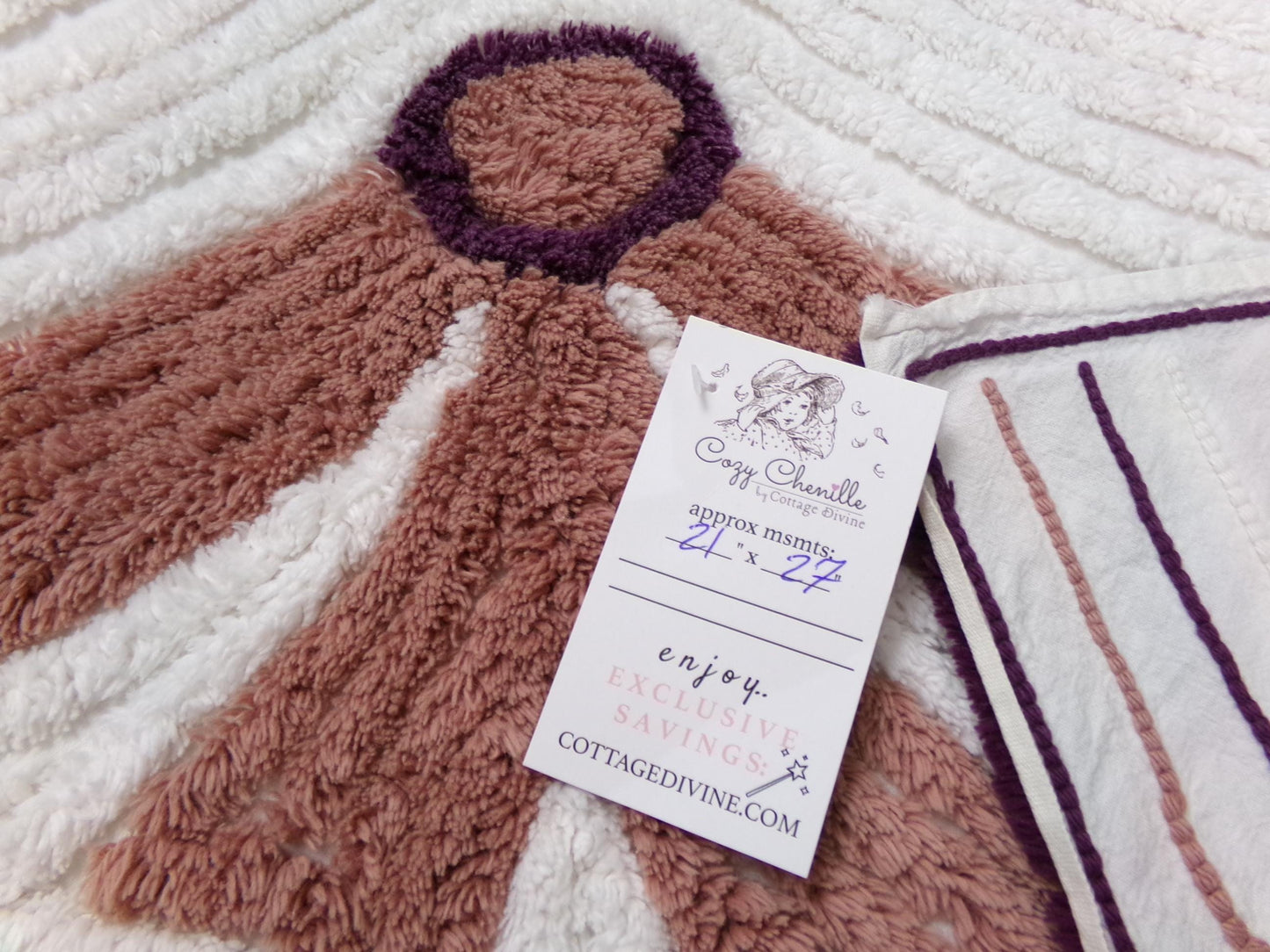 Luxury Plush Vintage Chenille Bedspread Fabric, Bow Swag White Swirl Sewing Material, 21" x 27"