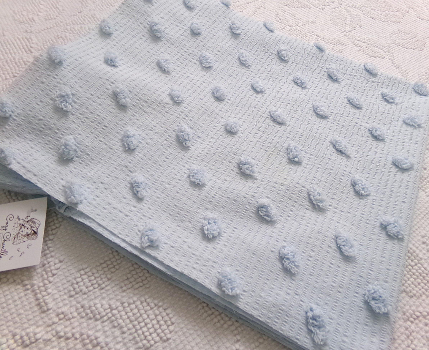 powder blue vintage chenille fabric, tufted dots on cotton seersucker, 22" x 23" piece