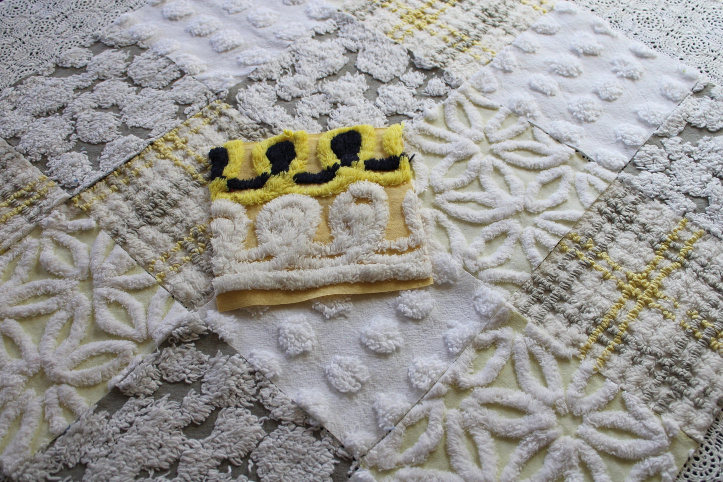 Sun & Clouds Vintage Chenille Fabric Squares, Set of 17 Rotary Cut 6" Quilt Blocks, Soft Yellow, White, Grey