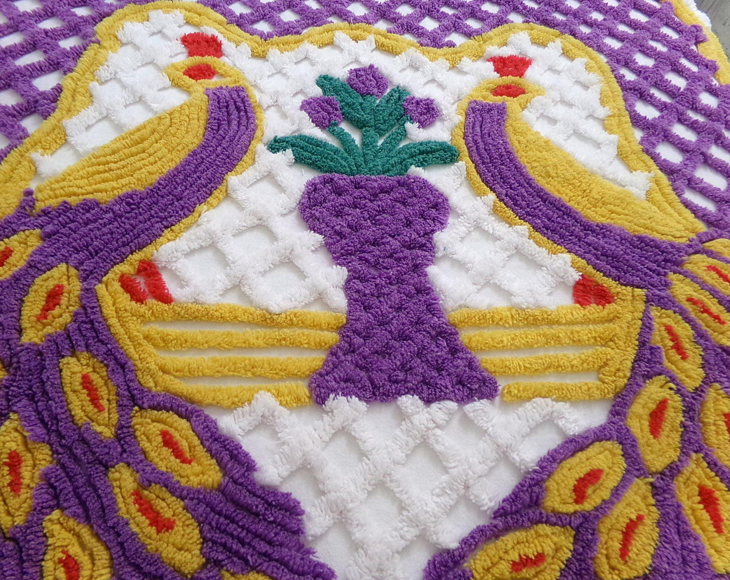 Vintage Chenille Bedspread Double Peacock Purple Gold White, Full Size