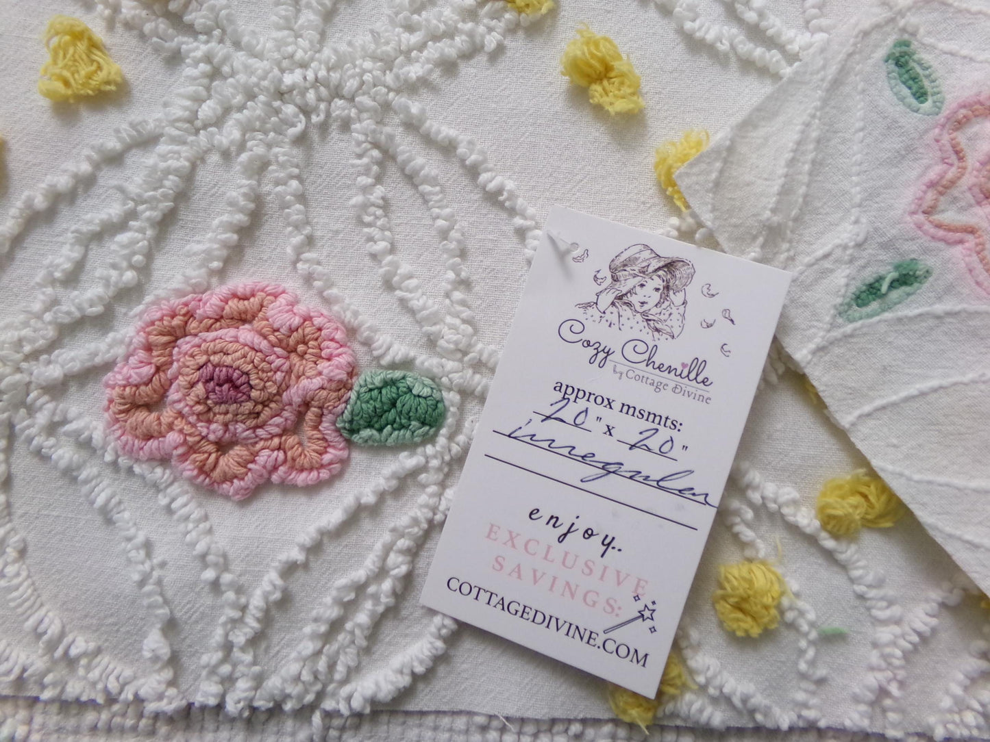 Pink Rose Vintage Chenille Bedspread Fabric, cottage chic sewing craft quilt material, 20" x 20" piece