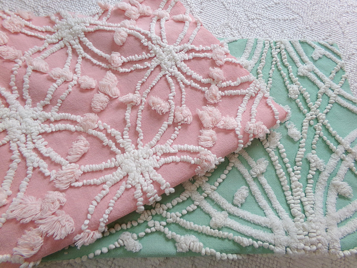 Vintage Chenille Fabric Set in Jade Green & Rose Pink, 2 Piece Bundle 12" x 18" each | Stash Builder for Fiber Arts, Quilting